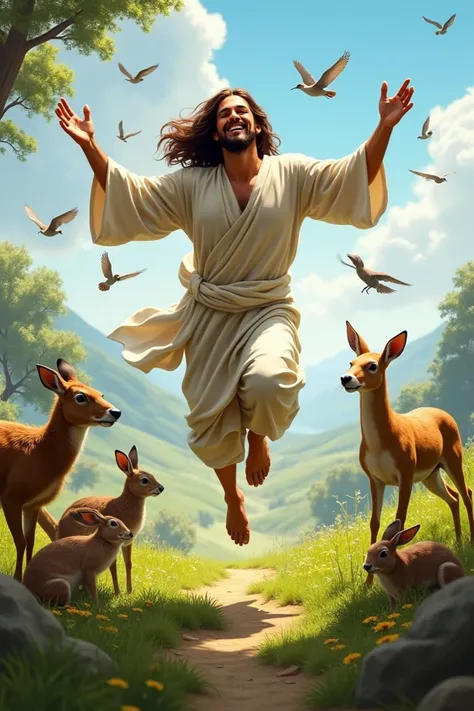 Make a realistic image of Jesus jumping with animals next to him  