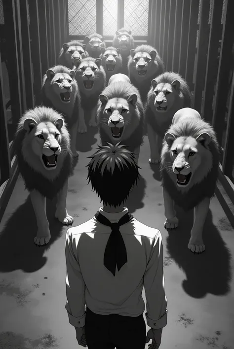  anime art, man,   black hair  , white shirt, Black Gavata  ,   at the zoo  , In the lions cage  ,   with the lions approaching him, visão de costa do man,  black and white image.