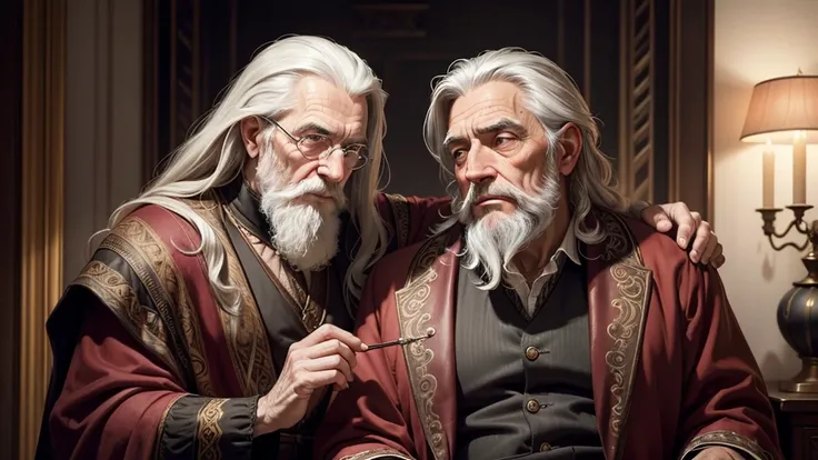 "A portrait of an elderly man with wavy gray hair, a full and well-groomed beard, and a face marked by deep wrinkles that highlight his wisdom and life experience. He wears a classic dark red robe with rich, textured details reminiscent of Renaissance aest...