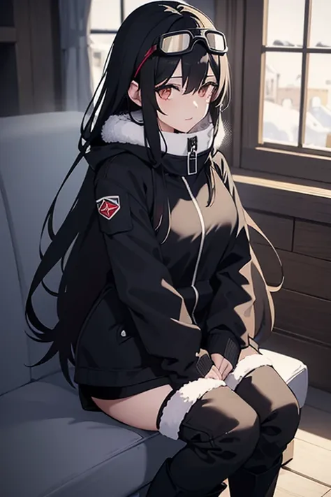 Hot girl, beautiful long black hair,dark brown eyes, snow goggles over her head, black pants, big but medium breasts, A closed short black jacket with Whitefur, long black sheer socks, snow boots, cozy area