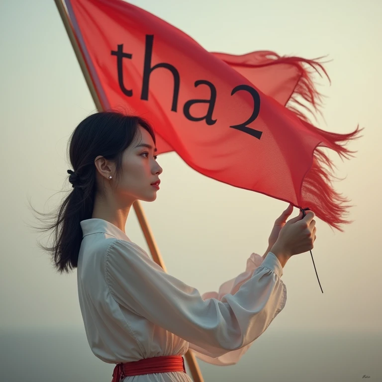 Beautiful Korean girl stands holding a flag, writing the word Tha2 on the flag 