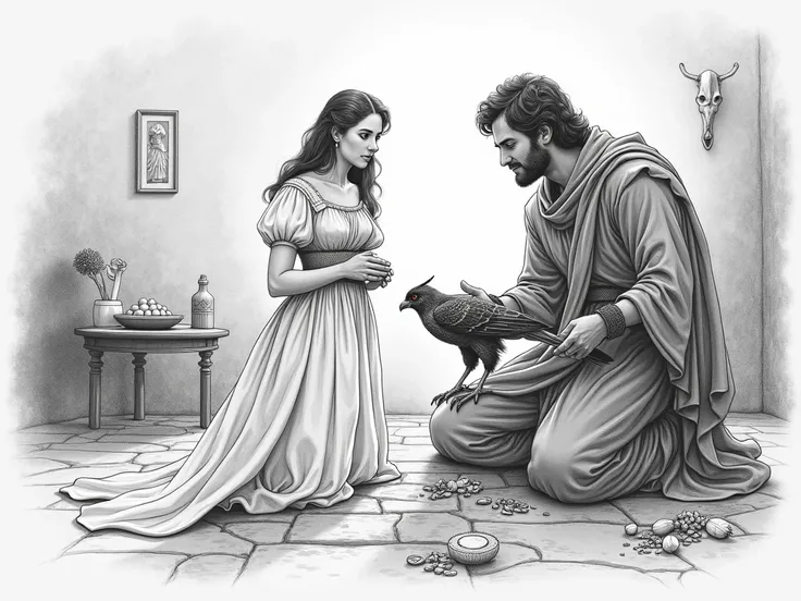 Draw in pencil format the scene in which Dona Giovanna visits Federigos house and he, without having anything else to offer her ,  she decides to cook her precious falcon for her .

