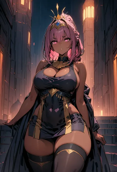 (masterpiece, best quality:1.2), illustration, 8k, hd, solo, 1girl, ((tan, dark skin)), dusk pink hair, golden diadem on head, wearing Egyptian clothes, purple military uniform, golden palace, cowboy shot, thigh highs, medium breasts, glowing pink eyes, vo...