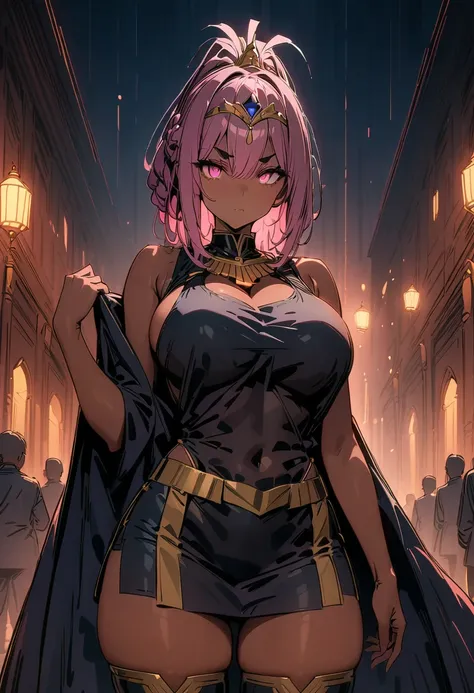 (masterpiece, best quality:1.2), illustration, 8k, hd, solo, 1girl, ((tan, dark skin)), dusk pink hair, golden diadem on head, wearing Egyptian clothes, purple military uniform, golden palace, cowboy shot, thigh highs, medium breasts, glowing pink eyes, vo...