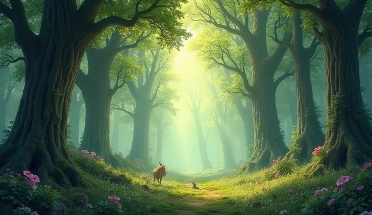 Whimsical, enchanted forest with towering trees, magical creatures, and rays of sunlight filtering through the canopy, fairy tale, fantasy, mystical, dreamy, high-quality:: woodland creatures, magical adventures, enchanting beauty, ethereal realm --ar 3:2