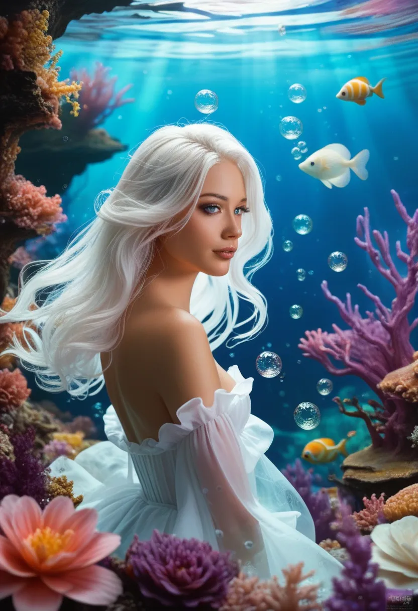 (style underwater background :1.0), a beautiful ethereal underwater creature, long flowing white hair, translucent skin, swirls ...