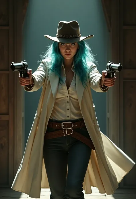 Action scene in a Western movie, Alissa White-Gluz with blue hair, dressed in a white trench coat, blouse and cowboy hat enters a hall with drawing pistols ((pointed to the viewer)).  full body 