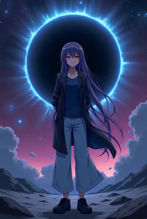 anime style, female character with long dark purple hair, one eye yellow with purple hues (left) and one eye red with purple hues (right), fair skin, dark blue shirt, black jacket, light blue long pants, black shoes, height 1.80 meters, standing in outer s...