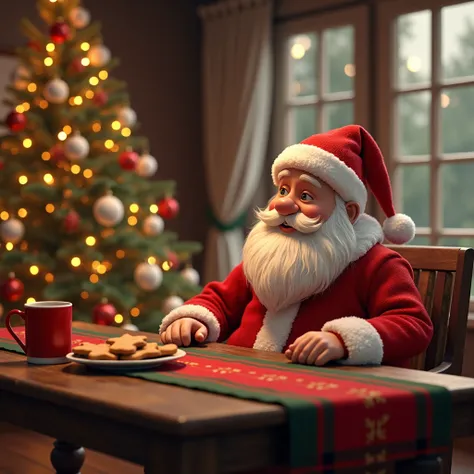 Create an image for a Christmas ebook with Santa Claus inside the house on a table with a Christmas tree