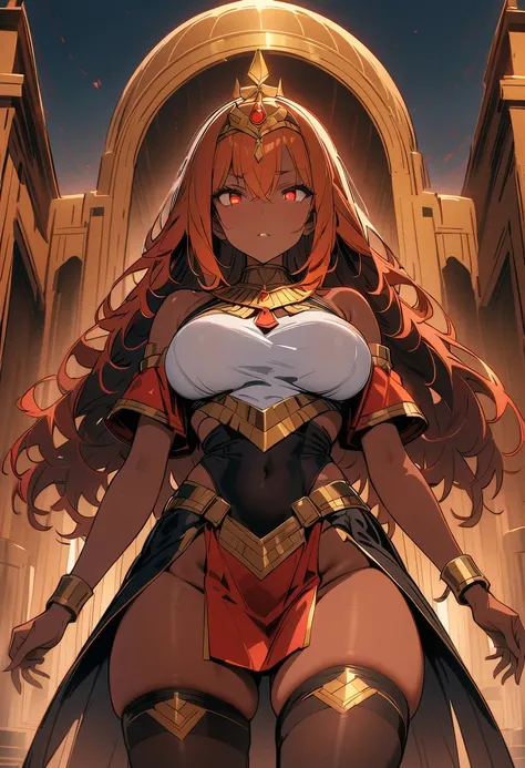 (masterpiece, best quality:1.2), illustration, 8k, hd, solo, 1girl, ((tan, dark skin)), long hair, dusk orange hair, golden diadem on head, wearing Egyptian clothes, red military uniform, golden palace, cowboy shot, thigh highs, medium breasts, glowing red...