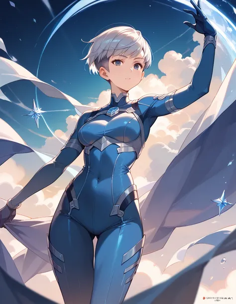 ( fit blue bodysuit , masterpiece,  best quality,  super detailed), (Best lighting,  Best Shadow ,  very delicate and beautiful), Cool, dynamic, And an original young girl character (dynamic pose) silver ( pixie cut hair : 1.3) Reflects light beautifully.