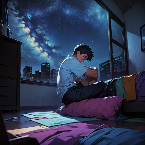 a teenage boy with a broken heart, in a room at night, sitting on his bed, looking out the window at the night sky.