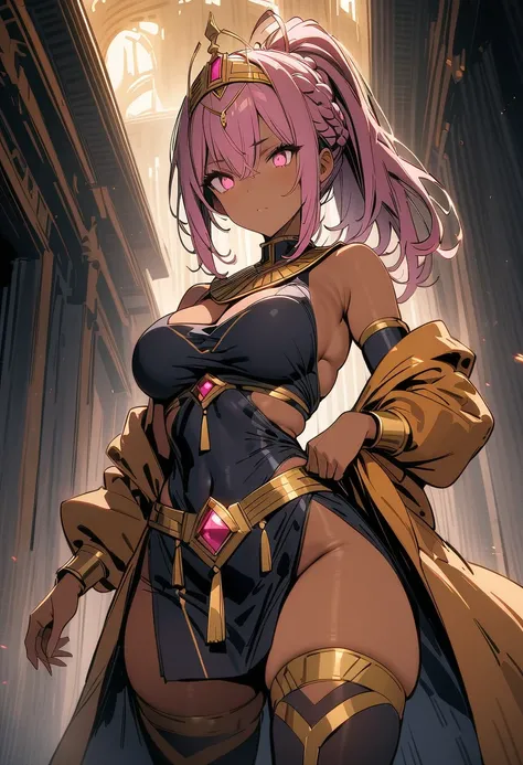 (masterpiece, best quality:1.2), illustration, 8k, hd, solo, 1girl, ((tan, dark skin)), ponytail, dusk pink hair, golden diadem on head, wearing Egyptian clothes, purple military uniform, golden palace, cowboy shot, thigh highs, medium breasts, glowing pin...