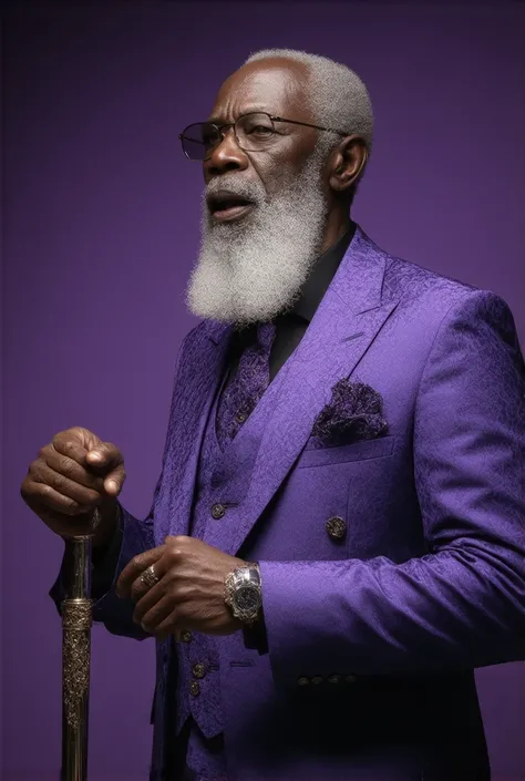  lyrics, 8K ultra HD, an older man, black race, high,  wearing a 3-piece suit in shades of purple, bald and white-bearded ,  with an ornate cane 