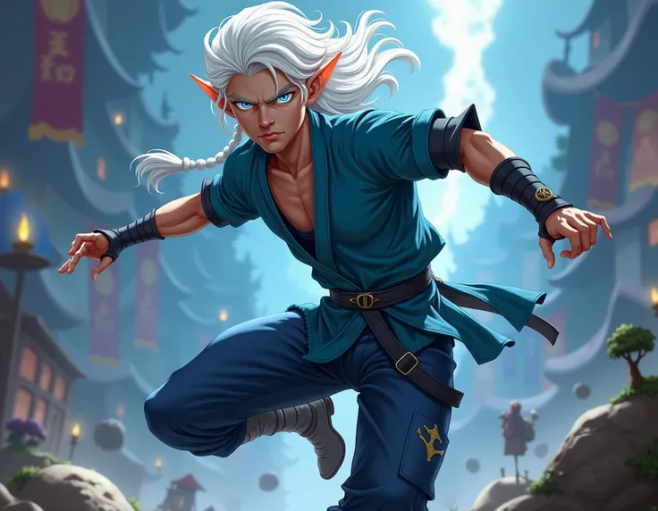 a male elf ninja with white hair and blue eyes in a cartoon