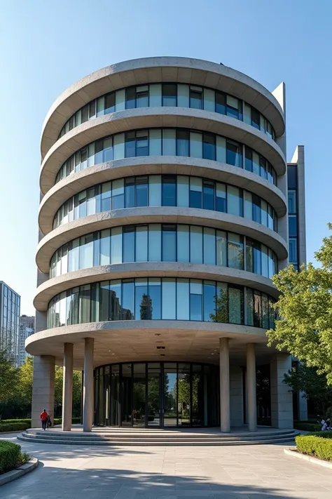 Give me an image of a building with a circular front ,  is an investment with a name on the front end : UP MAX ALPHA NEW hedge fund . Universidad del Pacifico .