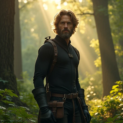  A man is standing in the forest with brown medium-length hair and a light beard, He is wearing dark-black hunter clothes . Fantasy, high Quality