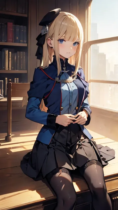 An image of Reines El-Melloi Archisorte, a young blonde girl with blue eyes, wearing a blue military uniform with short skirt, she is wearing stockings with no shoes, her stocking foot is ready to step on you, in the background is a private library.