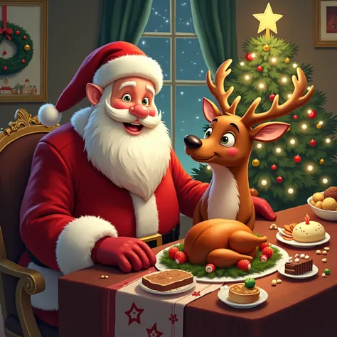 Create image for Christmas ebook with cute Santa Claus with a reindeer sitting at the Christmas table indoors with a Christmas tree