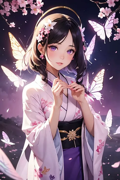 A Feminine and elegant woman in kimono playing with butterflies under fluttering cherry blossoms, dark hair, purple eyes, glitter effect, halo effect, double exposure, smudging watercolor, beautiful illustration