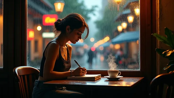 A solitary woman nestled in a cozy corner of a dimly lit cafetería, her presence a quiet oasis amidst the soft murmur of rain-speckled streets. A large, arched window frames her world, allowing the gentle patter of raindrops to serenade her thoughts. She s...