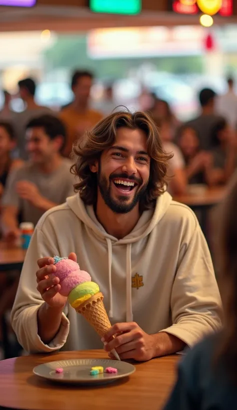 Jesus with a youthful and radiant glow, wearing a modern hoodie with a subtle cross logo, sitting at a bustling food court. Hes enjoying a giant colorful ice cream cone while laughing with a group of diverse, happy ren. The s are teaching Jesus a trendy da...