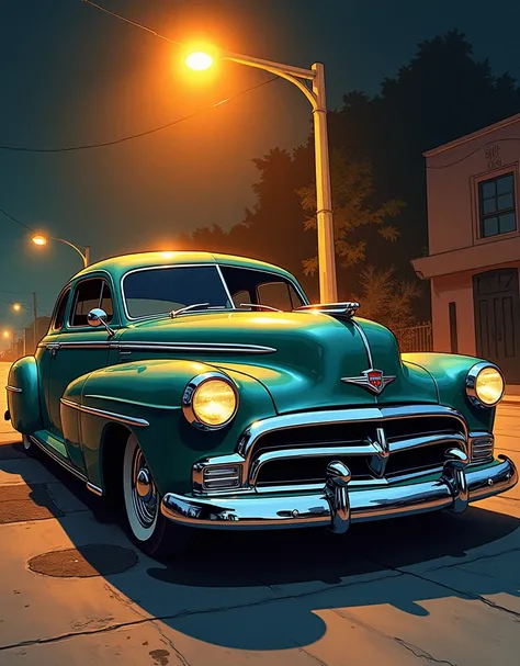 Painting of a 1940s car with a street light on the background colored illustration for tattoo, highly detailed and colored, richly detailed colored, inked and colored, traditional tattoo, gangster style tattoos, high quality colored sketch,