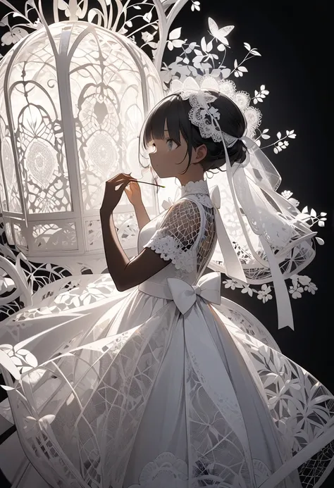 A white lace insect cage, Light-transmitting lace material, Vase-like design for small spaces, All-white lace, Transparent design and advanced weaving technology, BREAK, A cute devil black girl is trapped inside, Wearing a black dress, Enjoying afternoon t...