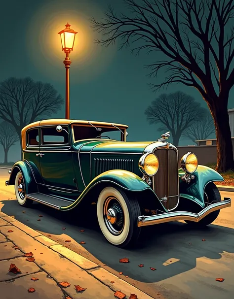 Painting of a 1920s car with a street light on the background colored illustration for tattoo, highly detailed and colored, richly detailed colored, inked and colored, traditional tattoo, gangster style tattoos, high quality colored sketch,