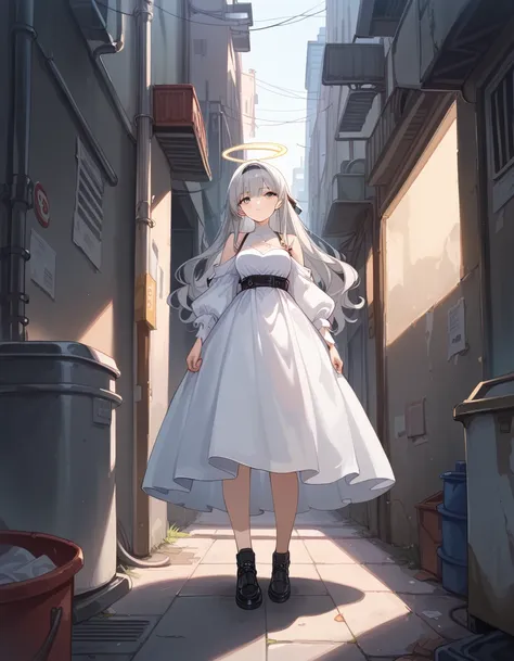 ((masterpiece,  best quality)), girl, Alone,  dress,  standing, halo, alley, Outdoor, bangs, white  dress, Gray Hair, Long Hair,  black footwear , Industrial Pipes,  viewers, Air conditioning,Dim lighting, garbage, garbage bin, hxh2011 