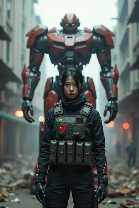 " Create a science fiction scene in a post-apocalyptic urban environment . in the center,  an oriental woman soldier wearing an advanced tactical combat suit in dark tones, wearing a helmet and vest filled with equipment . It displays the Chinese flag in a...