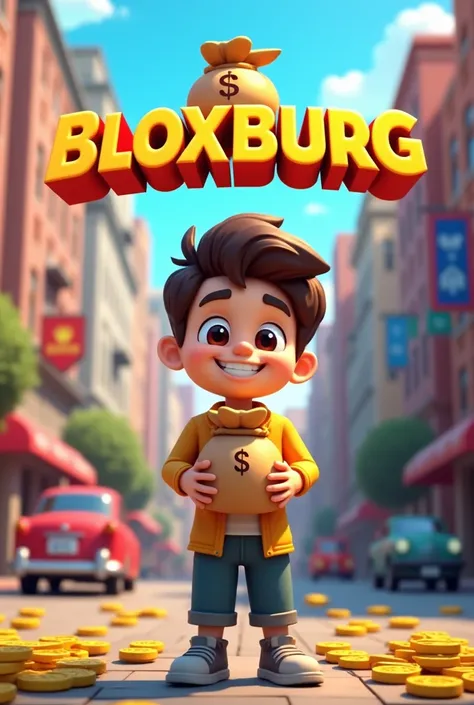 A colorful intro showing the Bloxburg logo and a smiling avatar holding a bag of coins. The background features bustling Bloxburg streets.