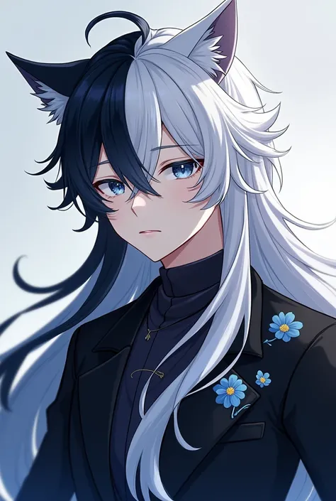 Realistic anime-style 4k quality image ,  where there is a handsome 23-year-old man , Half human and half feline with cat ears , he has white skin, Long hair half black and white , light blue eyes.  This same man has a serene and handsome face , And a lead...