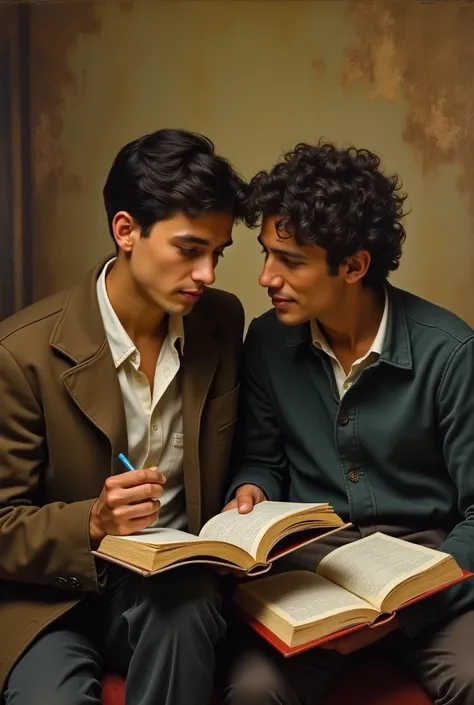 José Carlos Mariátegui as a young man reading a book while talking to a friend 
