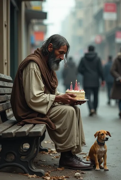  Jesus Maltrapilho sitting on a shabby bench ,  in his hands he has a birthday cake , On his side is a mutt dog ,  behind him there are several people walking down the street without paying attention