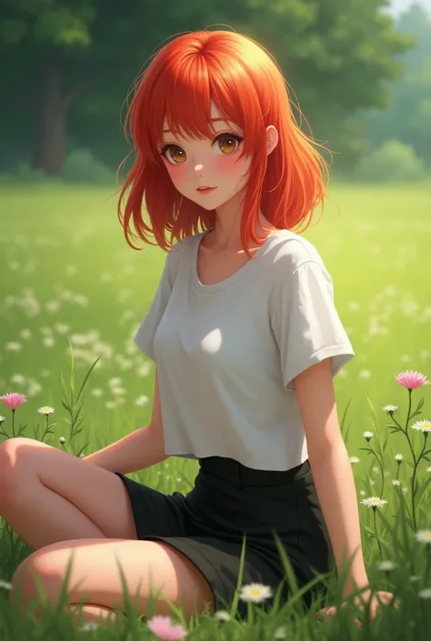 Female thailand, student small size, hair color red,orange height 160 with white Tshirt, black skirt sitting poses sexy ,realistic , running field