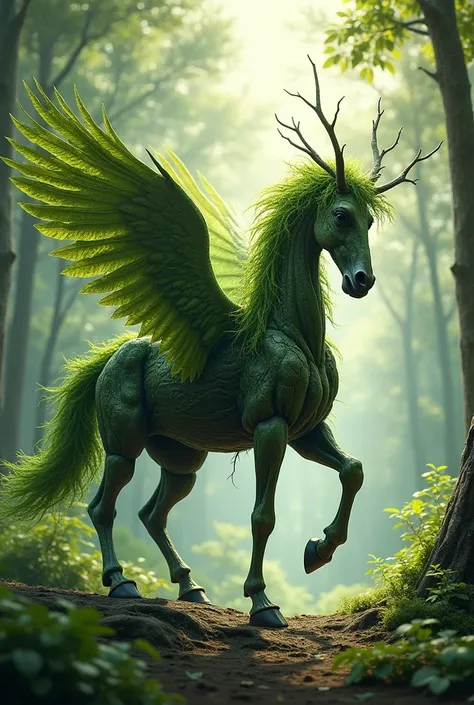 A pegasus in the body is composed entirely of tree branches and whose wings are composed entirely of tree leaves.