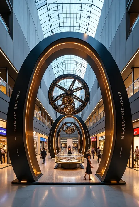 The architecture of the watch exhibition in the shopping mall is inspired by the engine of a mechanical watch. The exterior of the architecture resembles a wristwatch with a curved strap forming an arch.
