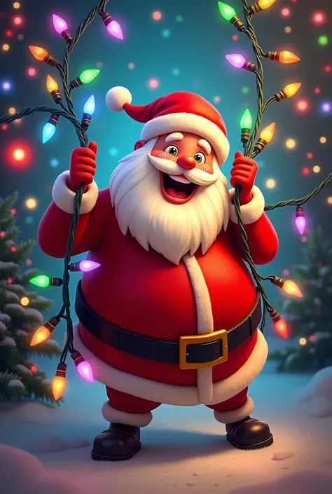 Happy and animated Santa Claus .
That he is standing, clutching and entangled with a curtain of bright colored Christmas lights.