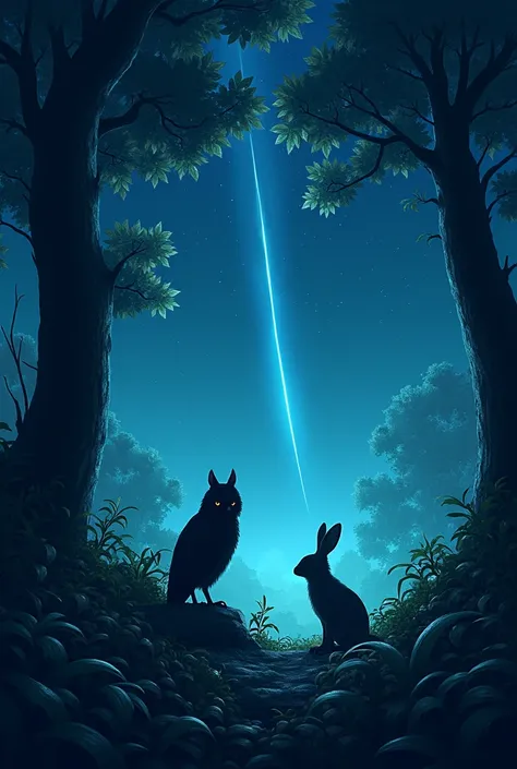 Draw a forest . A shooting star crosses the sky and you can see the shapes of an owl and a rabbit.