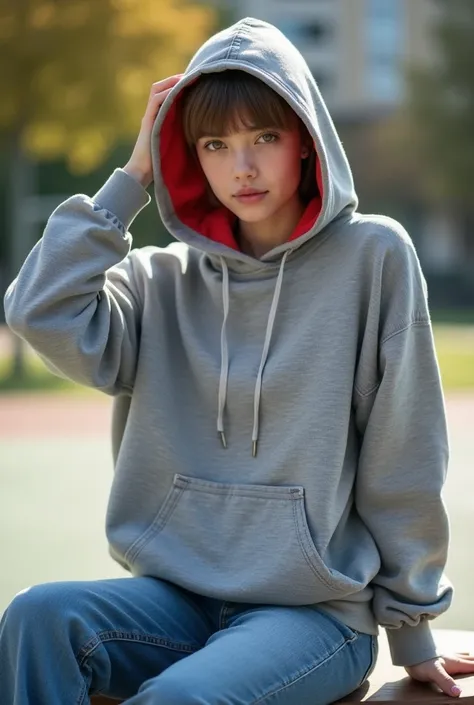  a 25 year old young European girl,Beautiful body ,perfect body shape, wearing a gray long sleeve loose hooded T ,Inside is red , has a large pocket with a hole left and right under his clothes,hat ts hat naturally backwards ,short hair,front, Pen screen ,...