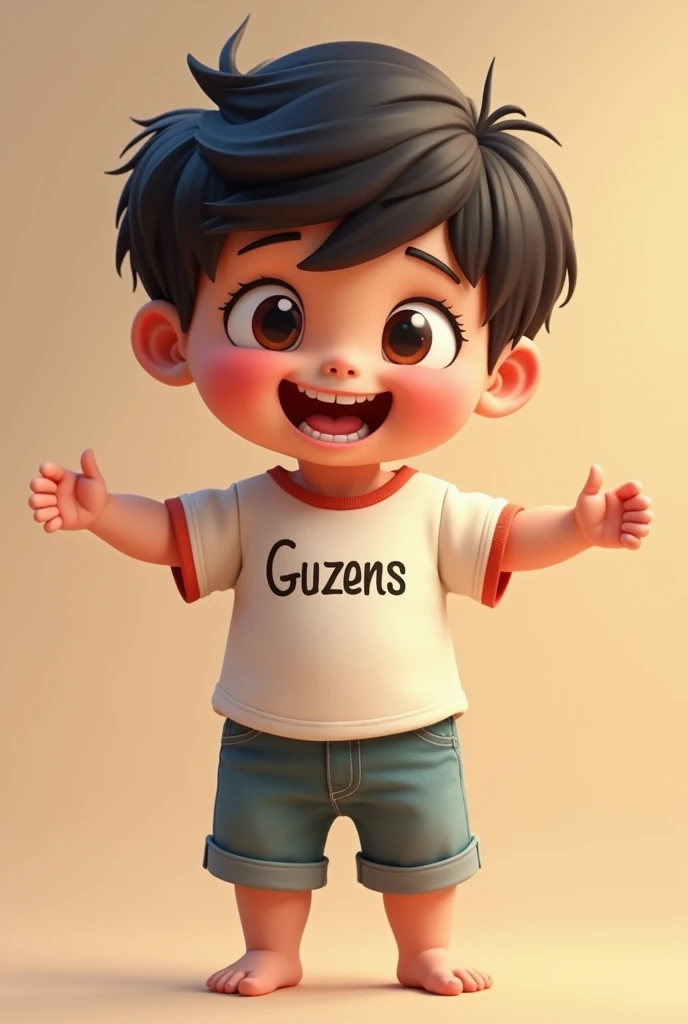 Cheerful baby standing with black hair the name "Guzens" on the chest with mischievous look and beautiful smile