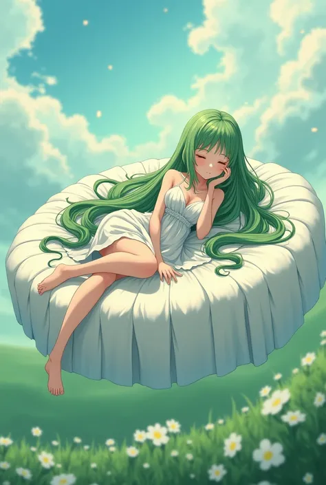 The most beautiful girl in the anime with long green hair tied down sleeping on a floating round bed where her long hair falls from the bed while she wears a beautiful short dress 