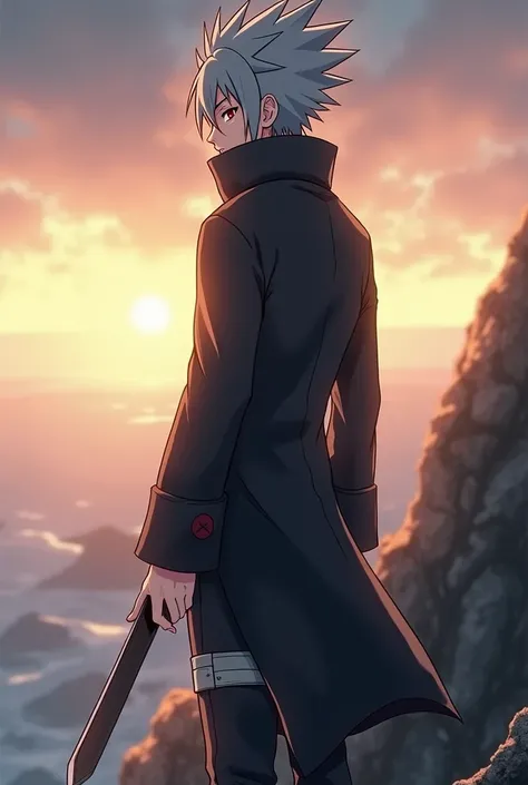 A male ninja from the village of Konoha from the story Naruto, exuding elegance and coolness, with gray hair and a Sharingan in his left eye, standing on a cliff in the evening. Soft sunlight glows as he holds a kunai in his right hand.

