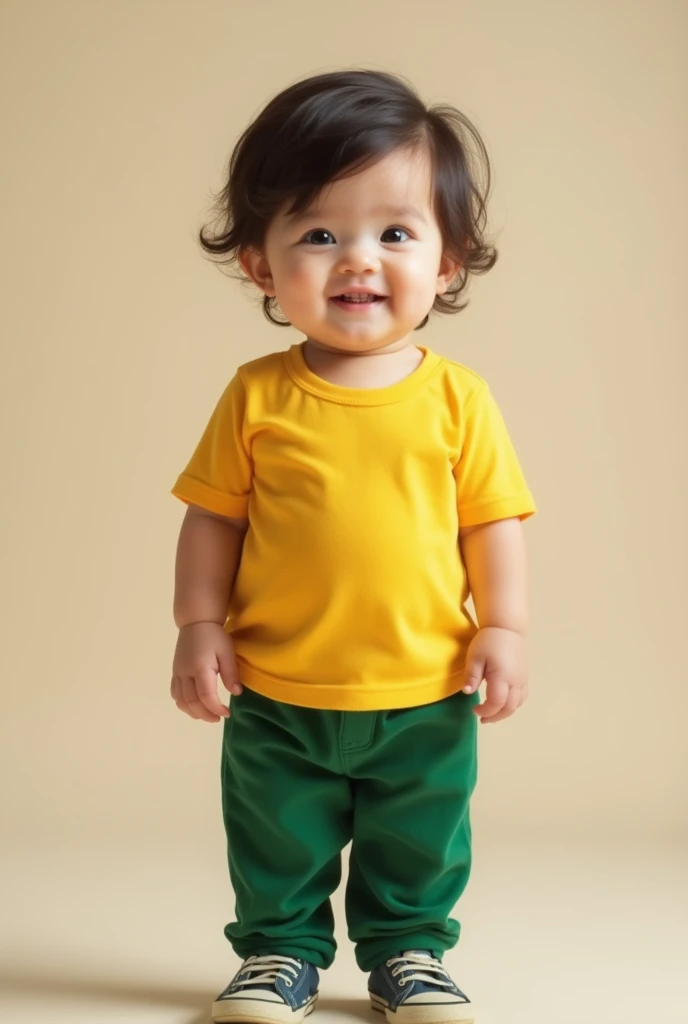 A baby from 2 to  in a school uniform wearing a yellow t-shirt and green pants