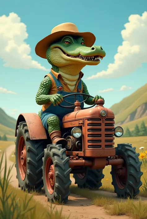 Skinny alligator with a long, smiling beard dressed as a farmer on a tractor