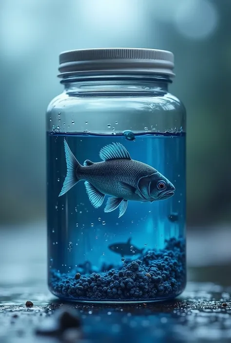 GENERATE A PRODUCT IMAGE OF A SILVER AND DARK BLUE PLASTIC CONTAINER , THE THEME IS RIVERS AND FISH AND THE PRODUCT TO BE SOLD IS A HYDROLYZED COLLAGEN PROTEIN BASED ON FISH SCALES. que los peces esten dentro del agua