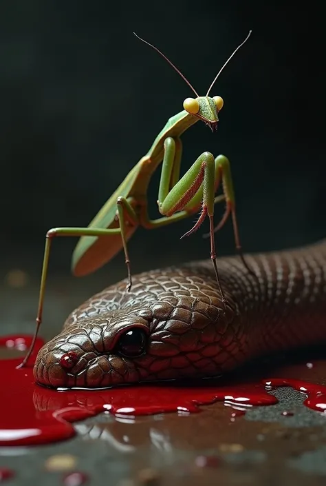 Praying mantis on top of a dead snake with a lot of blood 