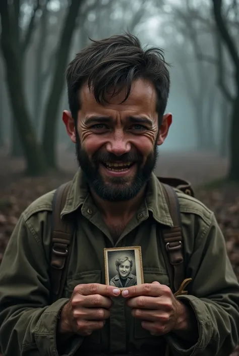  young Italian soldier fighting in the second world war,  with a very short beard very scared,  clear eyes, in a forest,  very happy and crying , dirty clothes, Dark and smoky scene ,  seeing a small old photo , holding the photo 