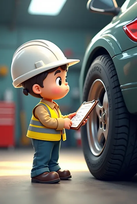 GENERATE A CARTOON INSPECTING A TIRE WITH A WHITE HELMET AND A YELLOW VEST TAKING NOTES